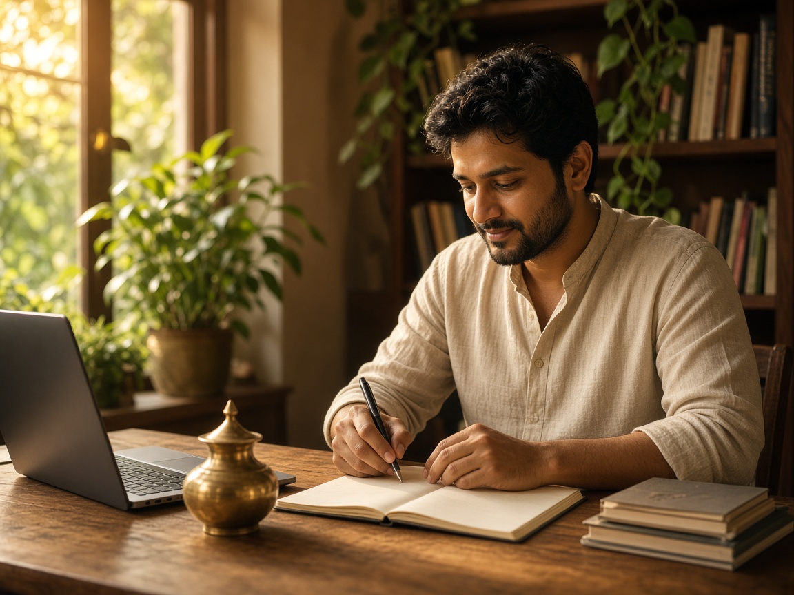 Purposeful work at a sunlit desk