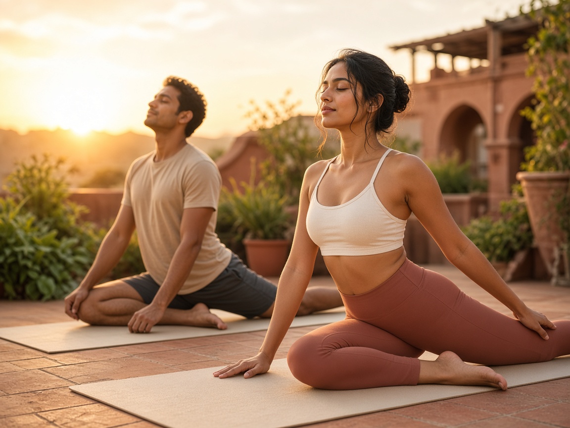 People practicing yoga at sunrise